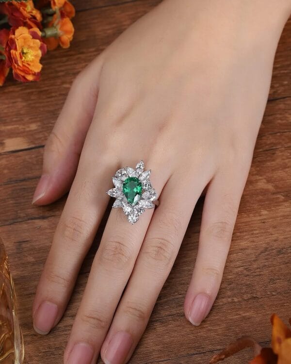 3.00Ct Green Pear Cut Solitaire Cocktail Ring for Women | Modern Bridesmaid Jewelry | Glamorous Celebrity Style Statement Ring