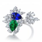 2.50Ct Blue & Green Pear Cut Solitaire Cluster Ring | Asymmetrical Open Gap Party Ring for Women