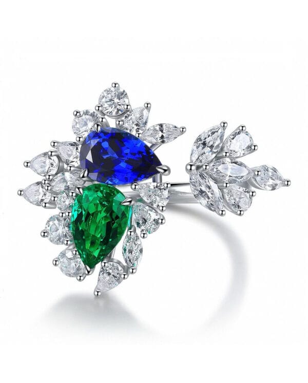 2.50Ct Blue & Green Pear Cut Solitaire Cluster Ring | Asymmetrical Open Gap Party Ring for Women