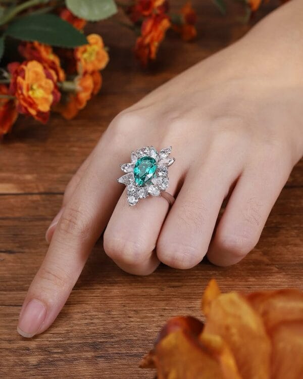 3.00Ct Green Pear Cut Solitaire Cocktail Ring for Women | Modern Bridesmaid Jewelry | Glamorous Celebrity Style Statement Ring