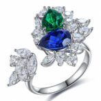 2.50Ct Blue & Green Pear Cut Solitaire Cluster Ring | Asymmetrical Open Gap Party Ring for Women