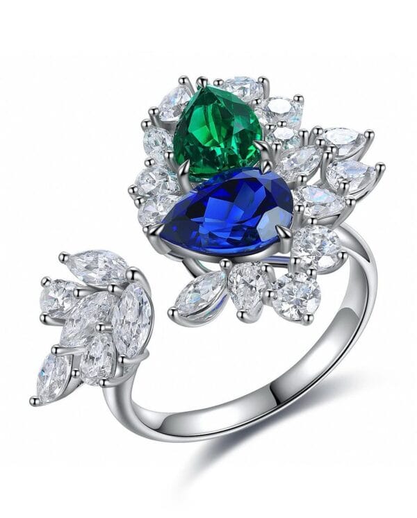 2.50Ct Blue & Green Pear Cut Solitaire Cluster Ring | Asymmetrical Open Gap Party Ring for Women