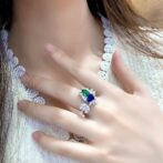 2.50Ct Blue & Green Pear Cut Solitaire Cluster Ring | Asymmetrical Open Gap Party Ring for Women