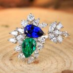 2.50Ct Blue & Green Pear Cut Solitaire Cluster Ring | Asymmetrical Open Gap Party Ring for Women