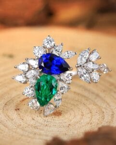 2.50Ct Blue & Green Pear Cut Solitaire Cluster Ring | Asymmetrical Open Gap Party Ring for Women