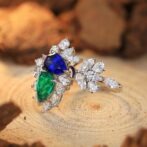 2.50Ct Blue & Green Pear Cut Solitaire Cluster Ring | Asymmetrical Open Gap Party Ring for Women