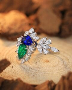 2.50Ct Blue & Green Pear Cut Solitaire Cluster Ring | Asymmetrical Open Gap Party Ring for Women