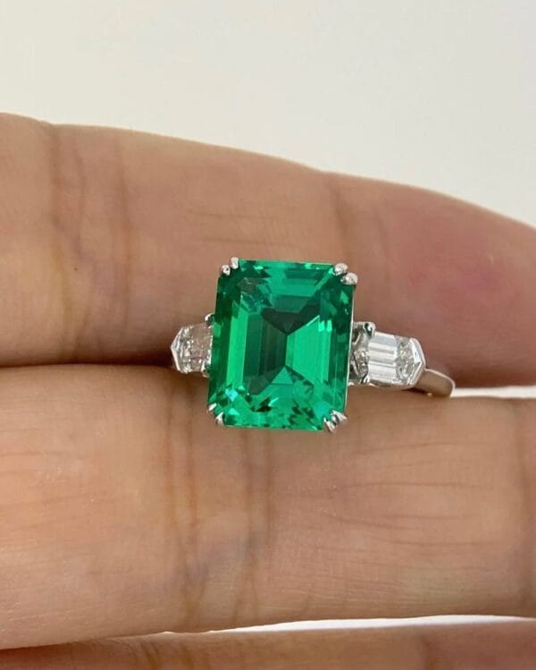 3.30Ct Green Emerald Cut Three Stone Ring | Elegant Party Wear Statement Jewelry for Women