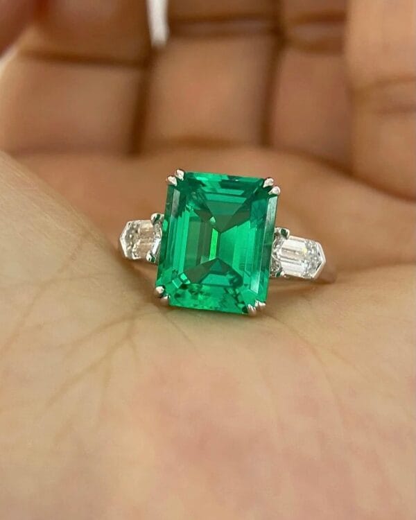 3.30Ct Green Emerald Cut Three Stone Ring | Elegant Party Wear Statement Jewelry for Women