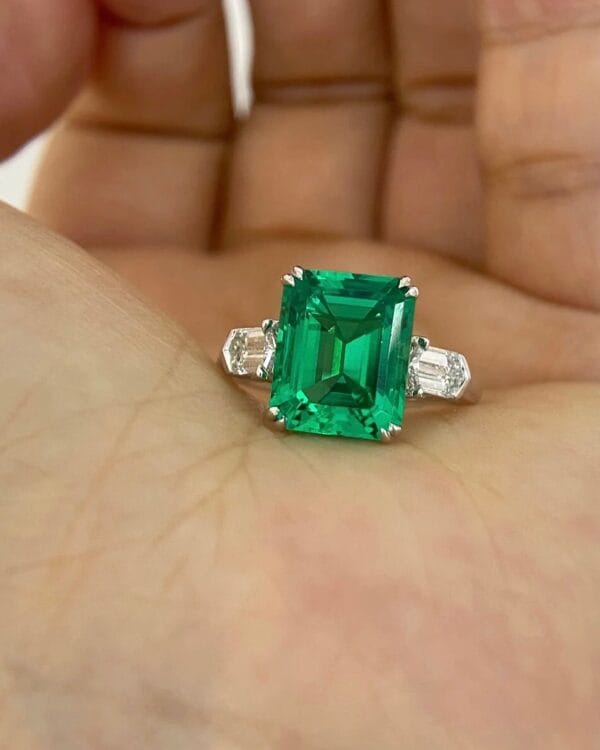 3.30Ct Green Emerald Cut Three Stone Ring | Elegant Party Wear Statement Jewelry for Women