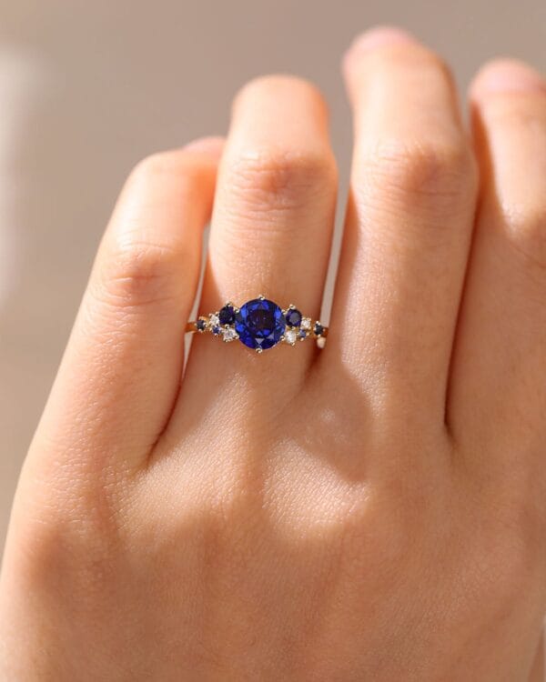 1.50CT Blue Round Cut Solitaire with Cluster Engagement Ring | Elegant Statement Jewelry for Her