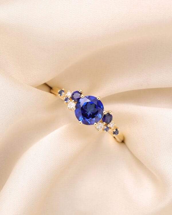 1.50CT Blue Round Cut Solitaire with Cluster Engagement Ring | Elegant Statement Jewelry for Her