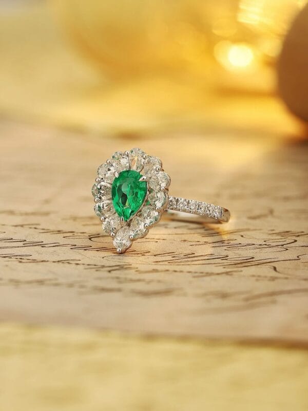 1.50Ct Green Pear Cut Halo Engagement Ring | Elegant Proposal Jewelry For Her | Designer Thank You Gift Ring