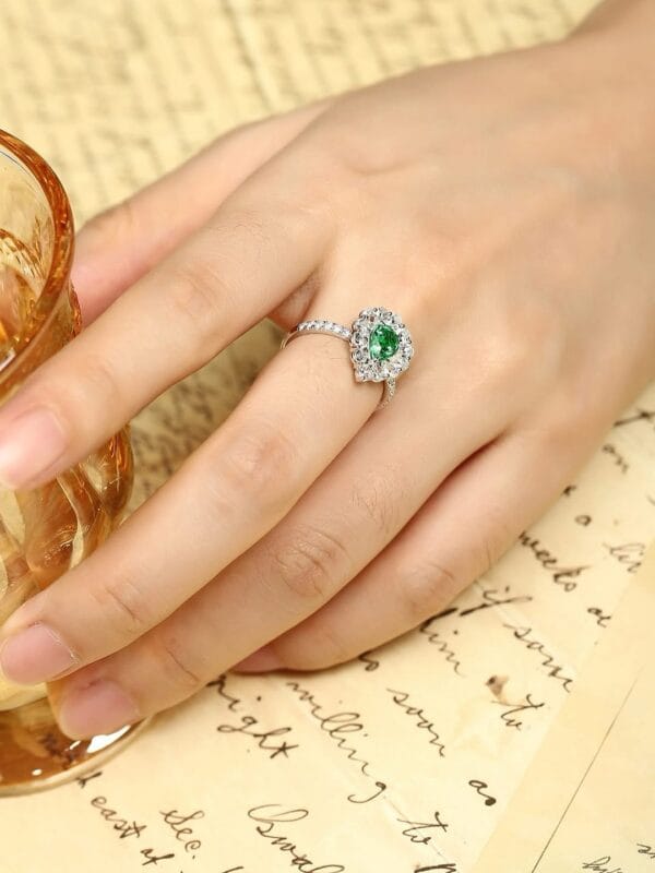 1.50Ct Green Pear Cut Halo Engagement Ring | Elegant Proposal Jewelry For Her | Designer Thank You Gift Ring