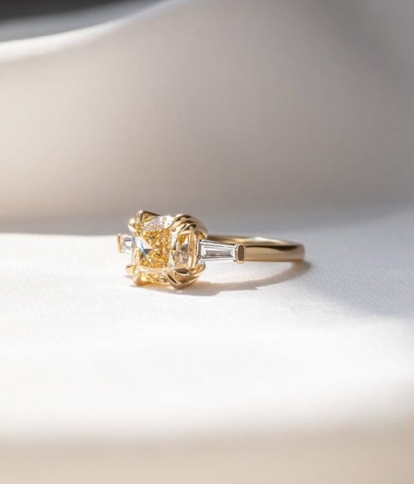 2.70CT Canary Yellow Cushion Cut Three Stone Engagement Ring | Elegant Double Claw Prong Ring for Women