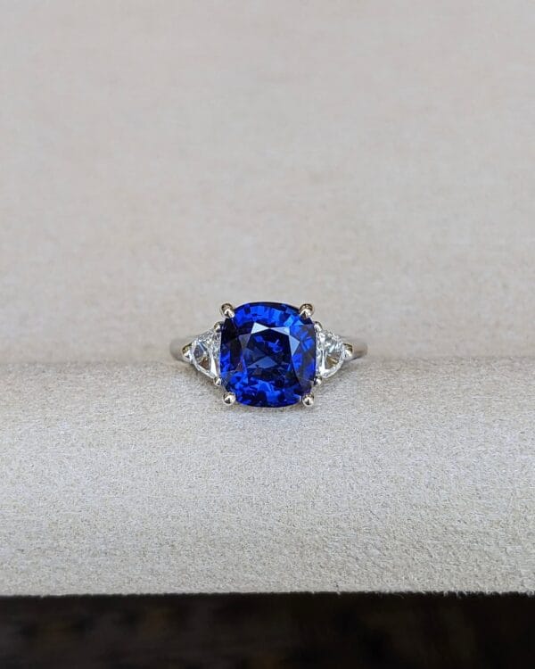 2.40Ct Blue Cushion Cut Three Stone Ring for Mother | Elegant Trilogy Birthday Gift Jewelry | Bold Statement Ring for Her