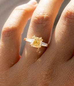2.70CT Canary Yellow Cushion Cut Three Stone Engagement Ring | Elegant Double Claw Prong Ring for Women