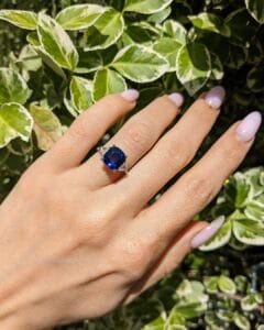 2.40Ct Blue Cushion Cut Three Stone Ring for Mother | Elegant Trilogy Birthday Gift Jewelry | Bold Statement Ring for Her