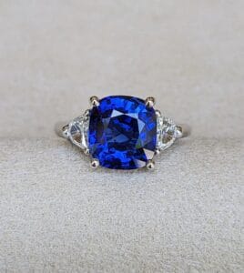 2.40Ct Blue Cushion Cut Three Stone Ring for Mother | Elegant Trilogy Birthday Gift Jewelry | Bold Statement Ring for Her