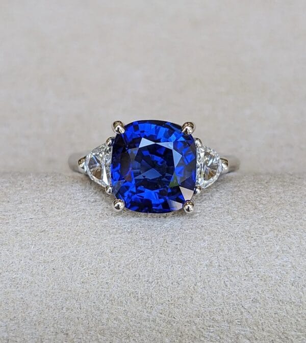 2.40Ct Blue Cushion Cut Three Stone Ring for Mother | Elegant Trilogy Birthday Gift Jewelry | Bold Statement Ring for Her
