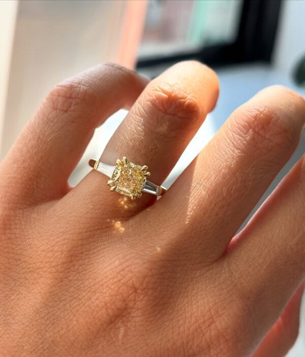 2.70CT Canary Yellow Cushion Cut Three Stone Engagement Ring | Elegant Double Claw Prong Ring for Women