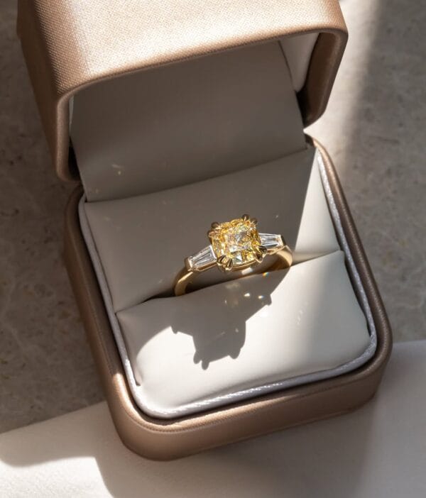 2.70CT Canary Yellow Cushion Cut Three Stone Engagement Ring | Elegant Double Claw Prong Ring for Women