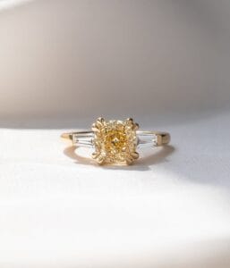 2.70CT Canary Yellow Cushion Cut Three Stone Engagement Ring | Elegant Double Claw Prong Ring for Women