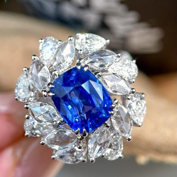 3.50CT Cushion Cut Blue Solitaire Ring with Cluster | Elegant Special Occasion Jewelry for Women