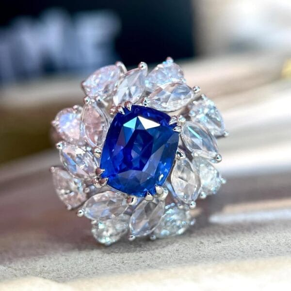 3.50CT Cushion Cut Blue Solitaire Ring with Cluster | Elegant Special Occasion Jewelry for Women
