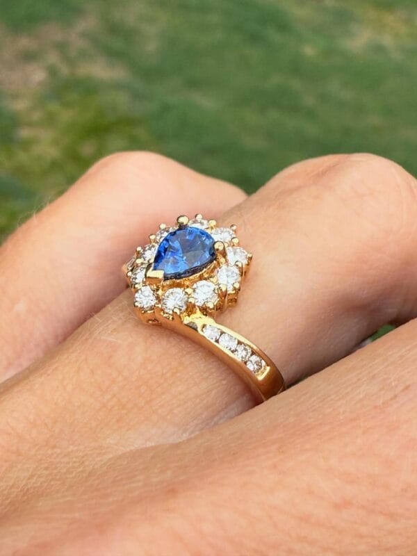 1.50Ct Blue Pear Cut Halo Engagement Ring for Her | Elegant Promise Ring for Fiancée