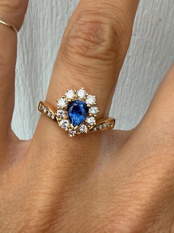 1.50Ct Blue Pear Cut Halo Engagement Ring for Her | Elegant Promise Ring for Fiancée