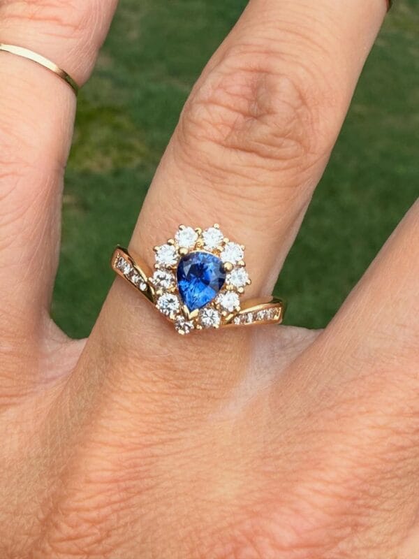 1.50Ct Blue Pear Cut Halo Engagement Ring for Her | Elegant Promise Ring for Fiancée