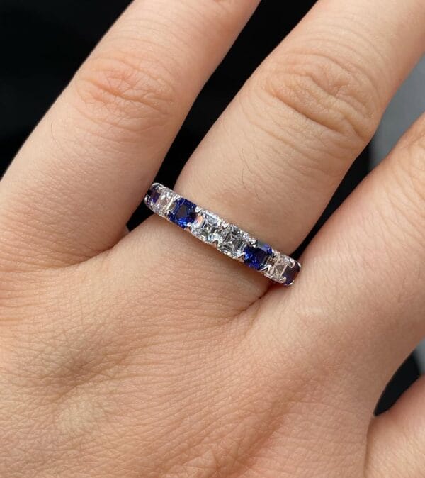 1.50TCW White & Blue Asscher Cut Half Eternity Promise Wedding Band for Women