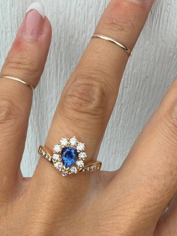 1.50Ct Blue Pear Cut Halo Engagement Ring for Her | Elegant Promise Ring for Fiancée