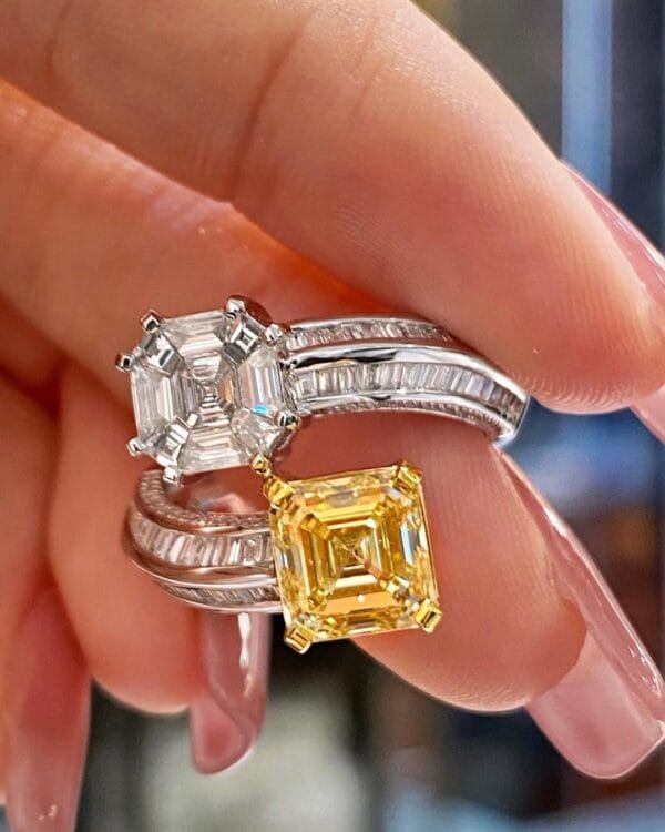 2.20Ct Yellow & White Asscher Cut Two Stone Bypass Ring | Modern Party Wear Statement Jewelry for Women
