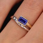 1.50Ct Blue Emerald Cut Bezel Set Ring | Two Tone Promise Ring for Mother’s Birthday | Elegant Jewelry Gift for Her