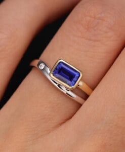 1.50Ct Blue Emerald Cut Bezel Set Ring | Two Tone Promise Ring for Mother’s Birthday | Elegant Jewelry Gift for Her