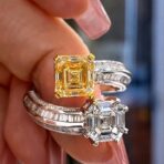2.20Ct Yellow & White Asscher Cut Two Stone Bypass Ring | Modern Party Wear Statement Jewelry for Women