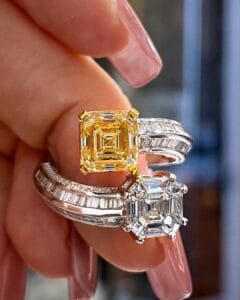 2.20Ct Yellow & White Asscher Cut Two Stone Bypass Ring | Modern Party Wear Statement Jewelry for Women