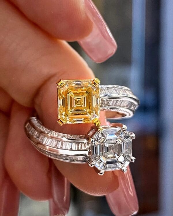 2.20Ct Yellow & White Asscher Cut Two Stone Bypass Ring | Modern Party Wear Statement Jewelry for Women