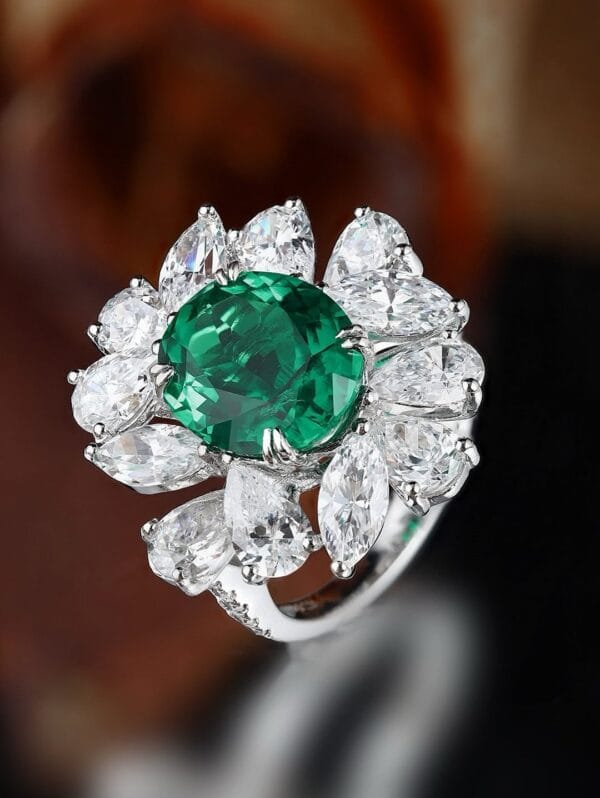 2.80Ct Green Oval Cut Solitaire Ring with Cluster Accents | Double Claw Prong Celebrity Inspired Gift Jewelry