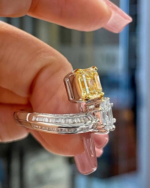 2.20Ct Yellow & White Asscher Cut Two Stone Bypass Ring | Modern Party Wear Statement Jewelry for Women