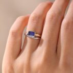 1.50Ct Blue Emerald Cut Bezel Set Ring | Two Tone Promise Ring for Mother’s Birthday | Elegant Jewelry Gift for Her