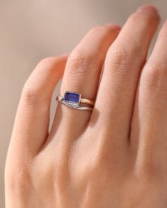 1.50Ct Blue Emerald Cut Bezel Set Ring | Two Tone Promise Ring for Mother’s Birthday | Elegant Jewelry Gift for Her