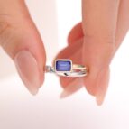 1.50Ct Blue Emerald Cut Bezel Set Ring | Two Tone Promise Ring for Mother’s Birthday | Elegant Jewelry Gift for Her