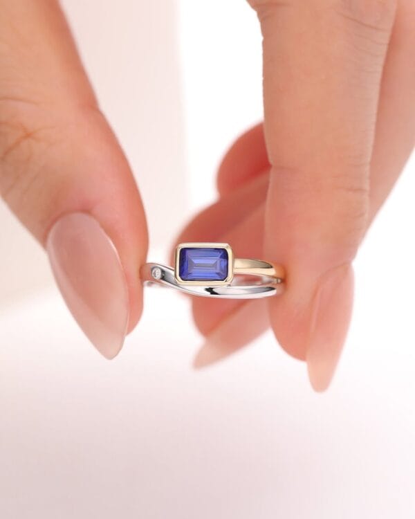 1.50Ct Blue Emerald Cut Bezel Set Ring | Two Tone Promise Ring for Mother’s Birthday | Elegant Jewelry Gift for Her