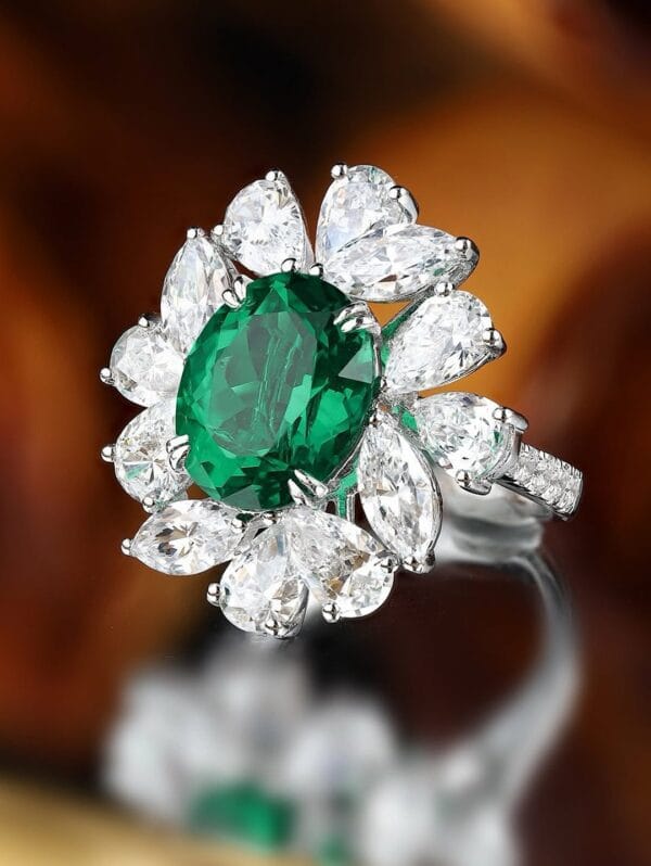 2.80Ct Green Oval Cut Solitaire Ring with Cluster Accents | Double Claw Prong Celebrity Inspired Gift Jewelry