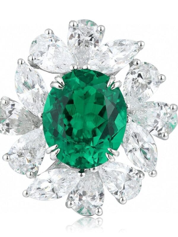 2.80Ct Green Oval Cut Solitaire Ring with Cluster Accents | Double Claw Prong Celebrity Inspired Gift Jewelry