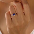 1.50Ct Blue Emerald Cut Bezel Set Ring | Two Tone Promise Ring for Mother’s Birthday | Elegant Jewelry Gift for Her