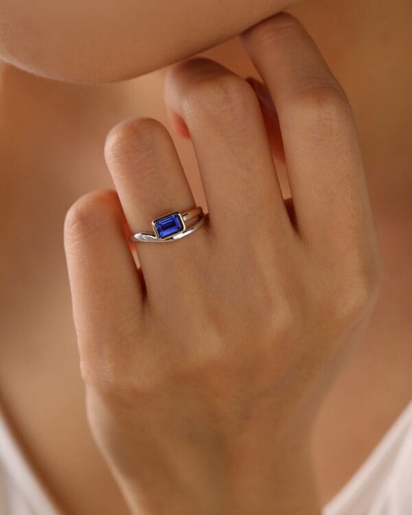 1.50Ct Blue Emerald Cut Bezel Set Ring | Two Tone Promise Ring for Mother’s Birthday | Elegant Jewelry Gift for Her